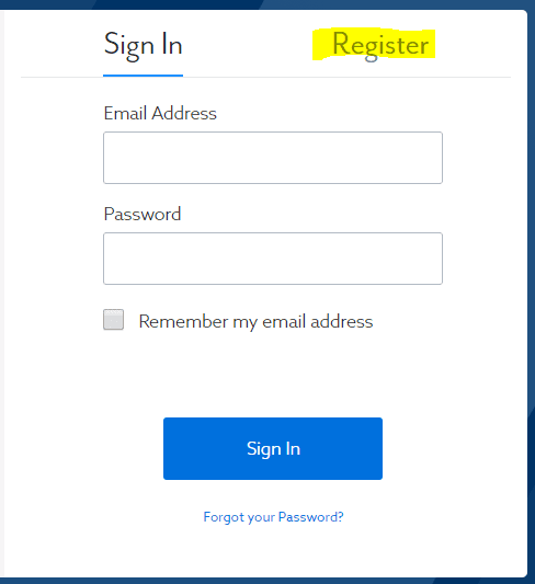 Screen shot of the sign-in form with the word "Register" highlighted at the top right to indicate that the user must select this to register.