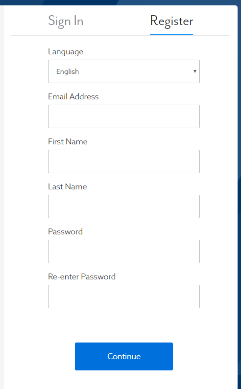 Screen shot of the Register form showing entry fields for language, email address, first name, last name, password, and a field to re-enter password. 