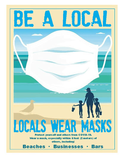 Picture of a color illustrated sign with a large face mask over the illustration of a silhouette of a family at the beach. The sign says "Be a Local. Locals Wear Masks. Protect yourself and others from COVID-19. Wear a mask, especially within 6 feet (2 meters) of others, including beaches, businesses, bars." Click the image for the PDF.