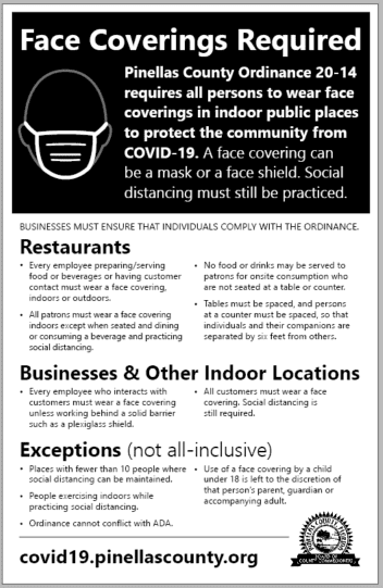 Picture of a black and white 11-inch by 17-inch sign that has the headline "Face Coverings Required" and additional information. Click the image for the PDF.