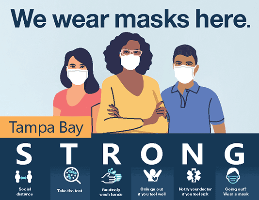 Picture of a color sign that has the headline "We wear masks here" and an illustration of rqo women and one man wearing face masks. The lower part of the image has the words Tampa Bay STRONG. Under STRONG it says Social Distance, Take the test, Routinely wash hands, Only go out if you feel well, Notify your doctor if you feel sick, and Going out? Wear a mask.  Click the image for the PDF.